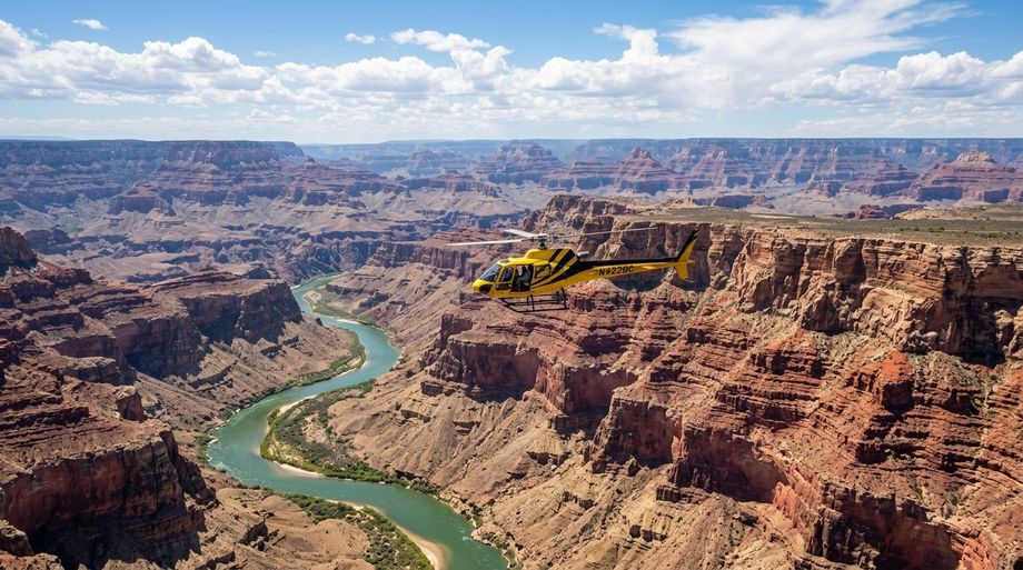 A helicopter flying over the Grand Canyon